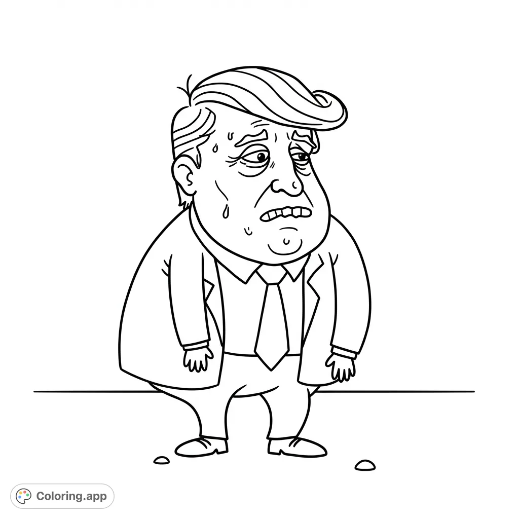 A humorous political caricature coloring page featuring a sweating, distressed man in a suit, perfect for satirical fun.