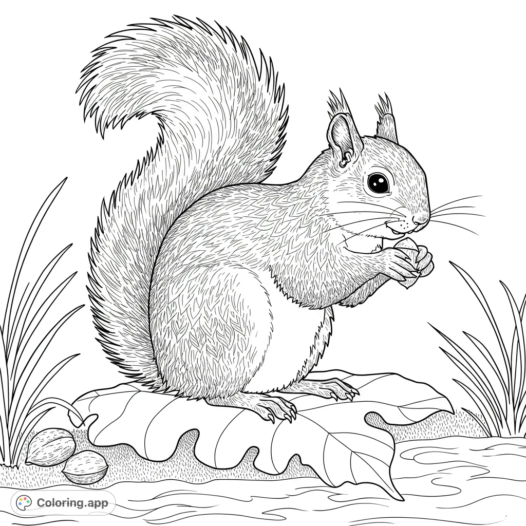 A charming squirrel holds an acorn on an oak leaf, ready for coloring. A delightful nature scene, perfect for a free printable squirrel coloring page.