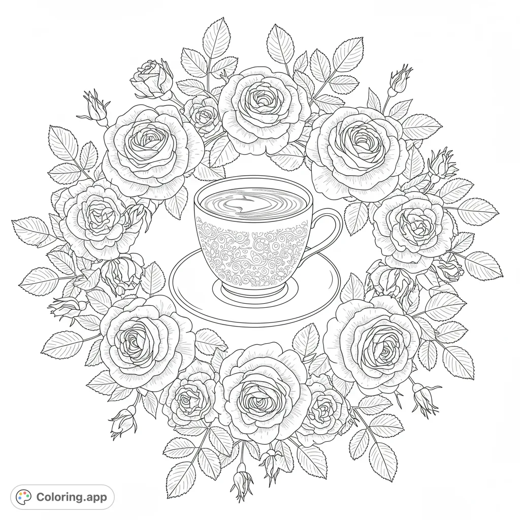 An elegant teacup with intricate patterns, nestled within a beautiful wreath of blooming roses and delicate leaves. A charming floral tea time coloring page.