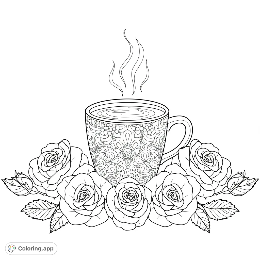 A steaming mug with intricate mandala patterns, surrounded by five detailed roses and leaves. Perfect for mindful coloring and relaxation.