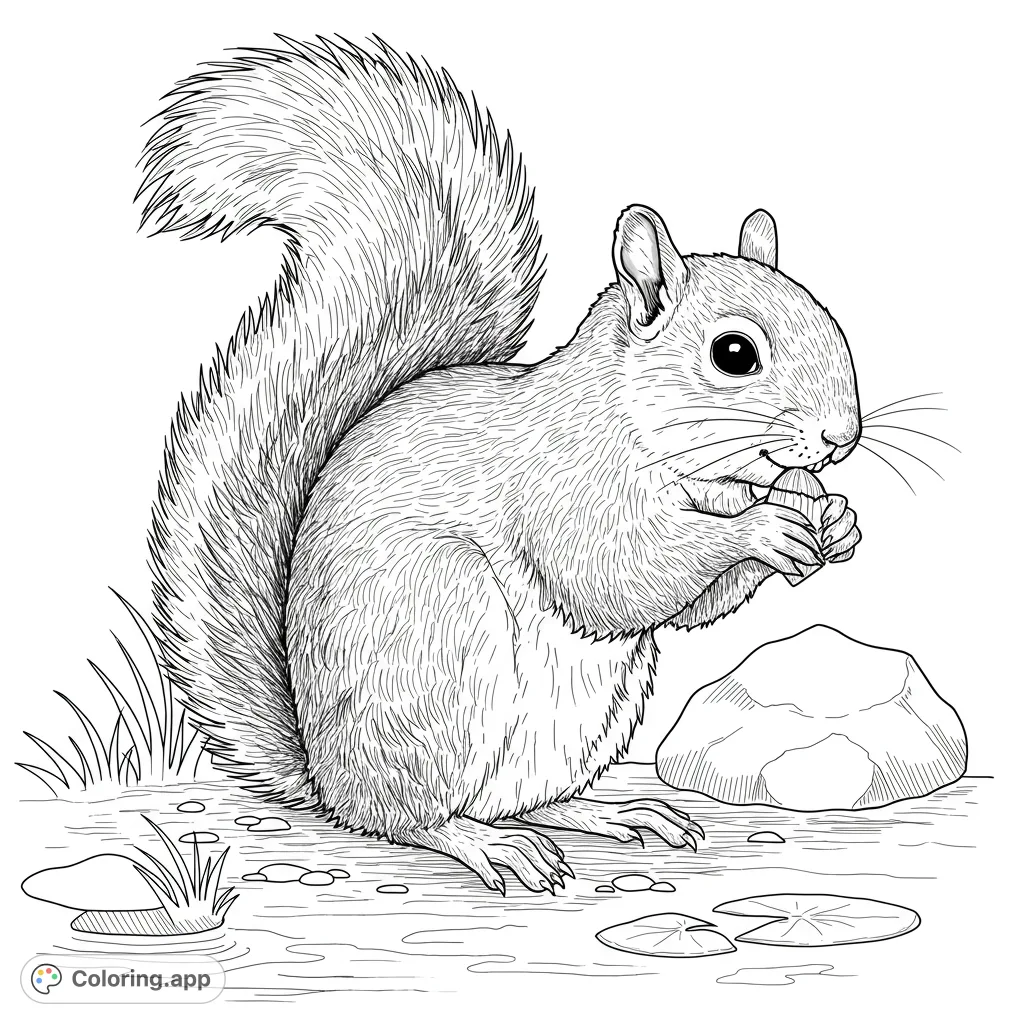 A charming squirrel coloring page featuring a detailed squirrel nibbling an acorn amidst grass and rocks. Perfect for nature lovers and all ages.