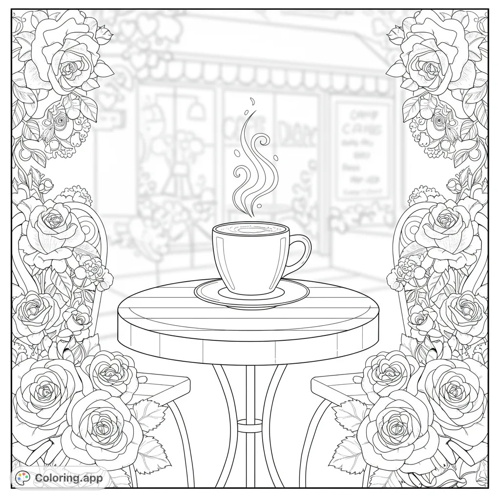 A charming cafe scene coloring page featuring a steaming coffee cup on a table, framed by lush, detailed roses. Perfect for relaxation!