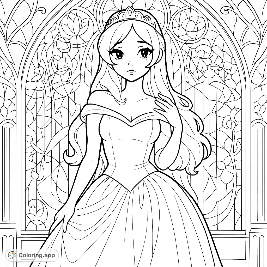 An elegant princess in a flowing gown stands before an intricate stained-glass window. A beautiful free printable princess coloring page for all ages.