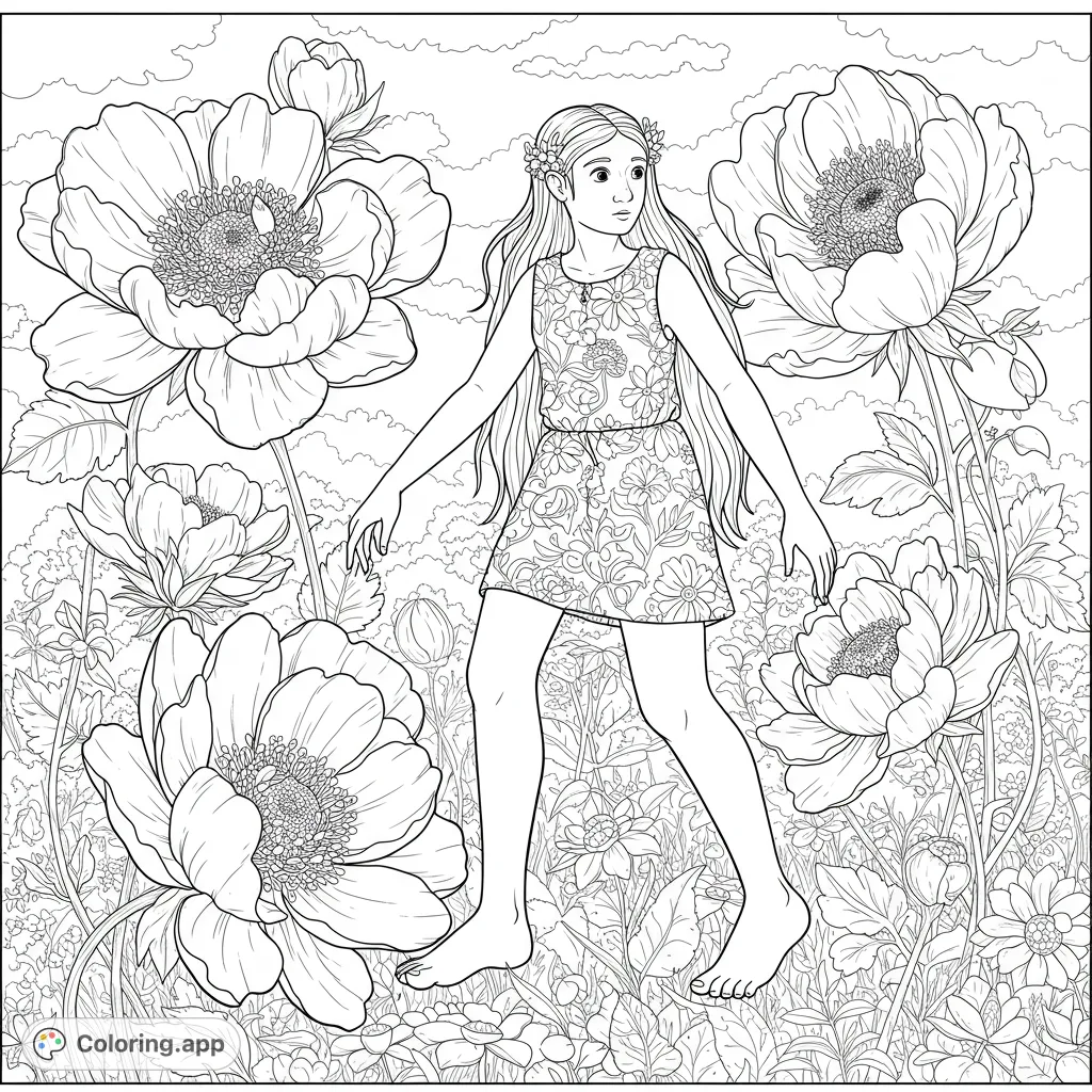 A whimsical girl wanders barefoot through a vibrant meadow filled with giant, detailed flowers, perfect for a serene nature coloring page.