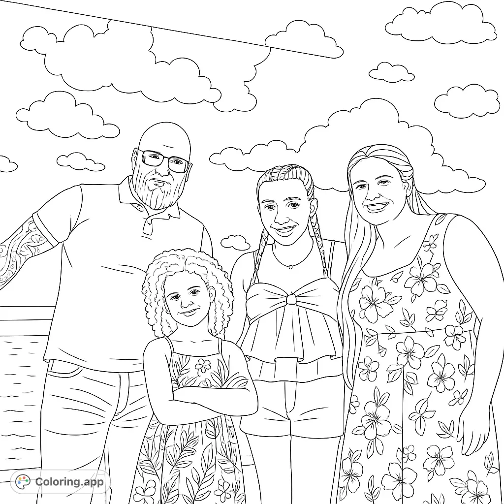 A heartwarming family portrait coloring page featuring a smiling family of four outdoors, perfect for personalizing with vibrant colors.
