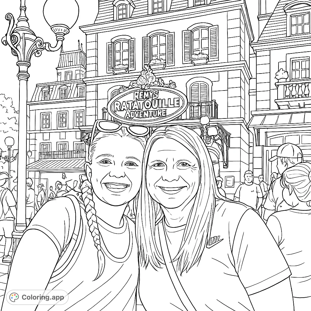 Two smiling friends pose in front of a detailed Parisian street scene with the Remy's Ratatouille Adventure sign. A fun, free printable coloring page.