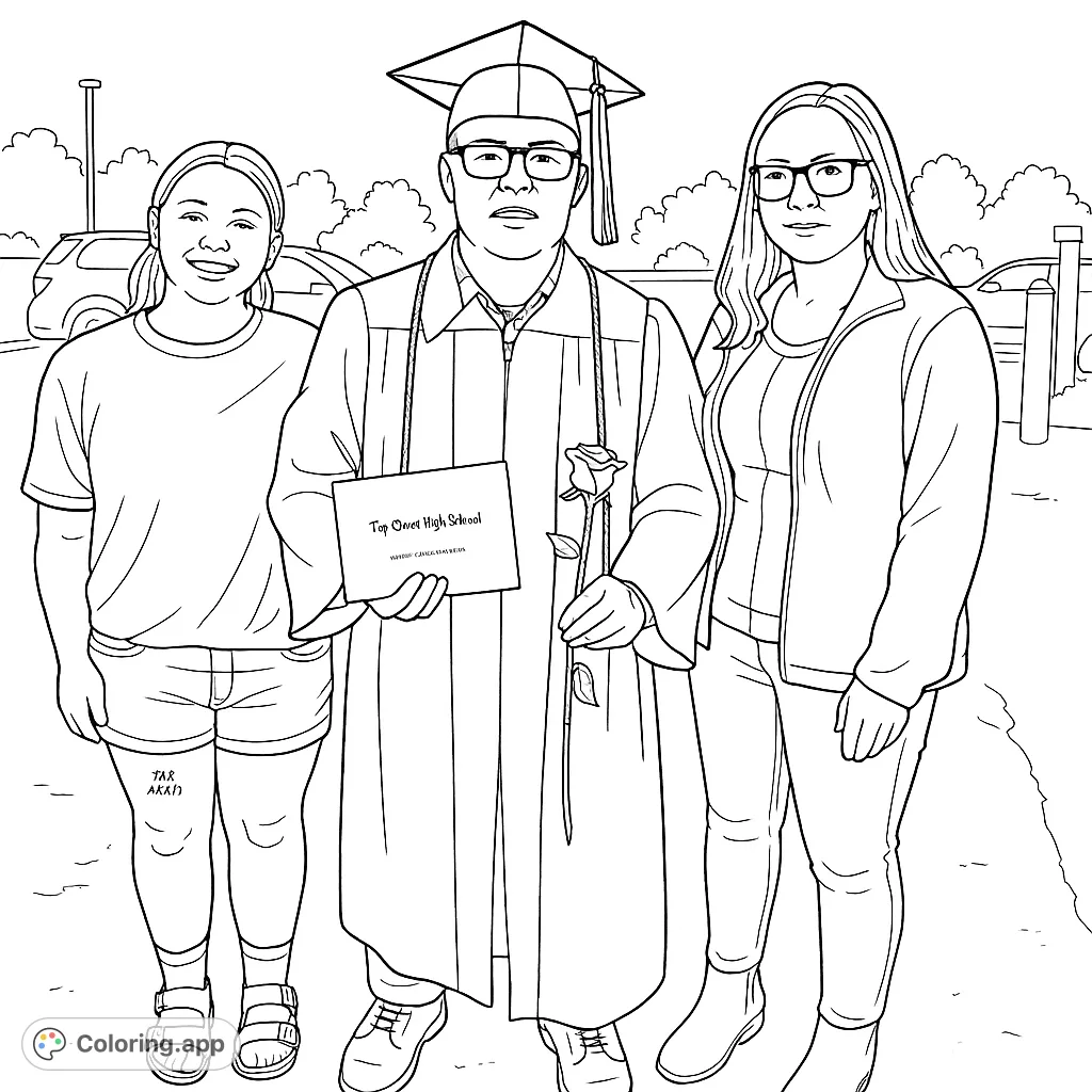 Celebrate a special graduation day with this free printable coloring page featuring a proud graduate and family, perfect for all ages.