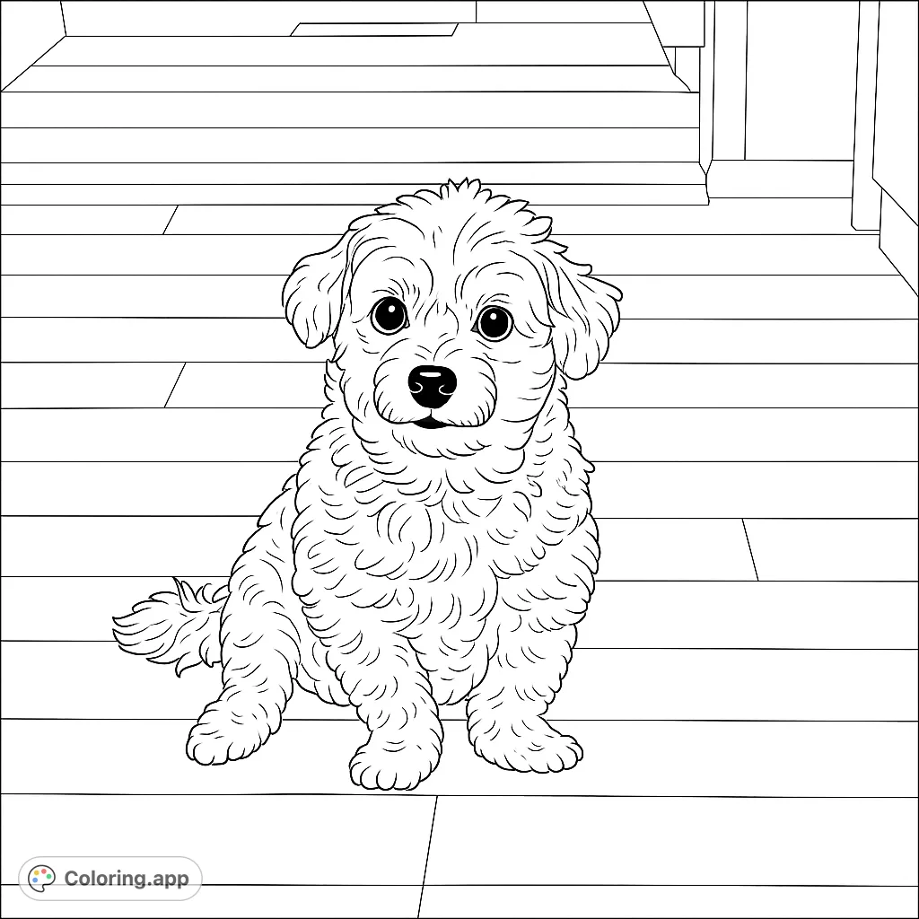 An adorable fluffy puppy sits on a wooden floor, ready for vibrant colors. A charming free printable puppy coloring page for kids and adults.