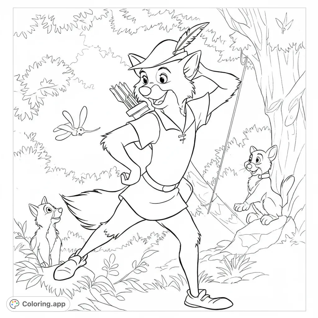 An adventurous fox hero with bow and quiver, accompanied by two playful pups in a vibrant forest setting. A free printable coloring page for all ages.
