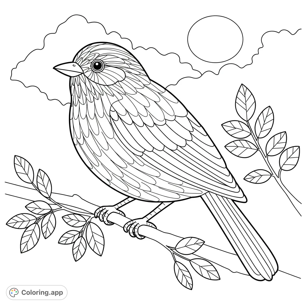 A delightful bird with detailed feathers perches on a leafy branch under a simple sun/moon and clouds. Perfect for nature lovers.