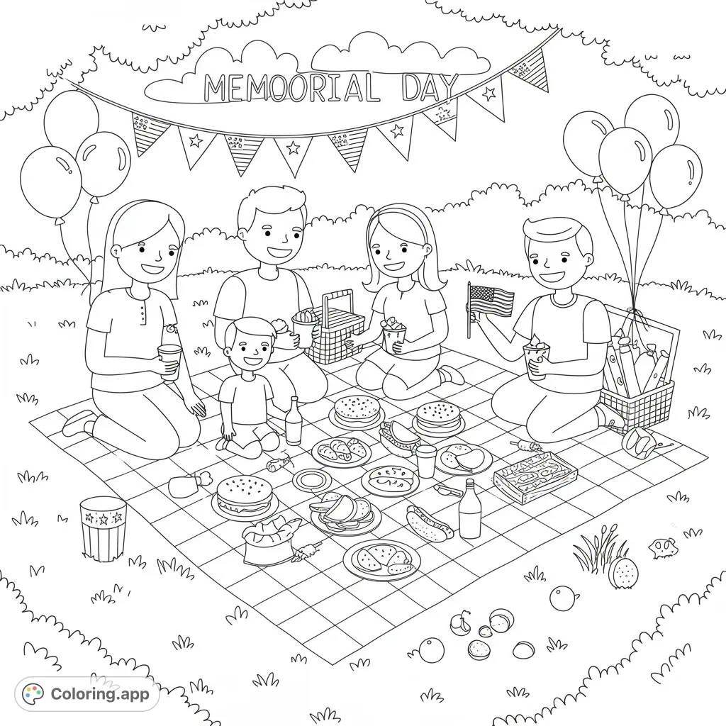 A joyful family picnic scene with a checkered blanket, delicious food, balloons, and festive decorations, perfect for a relaxing coloring experience.