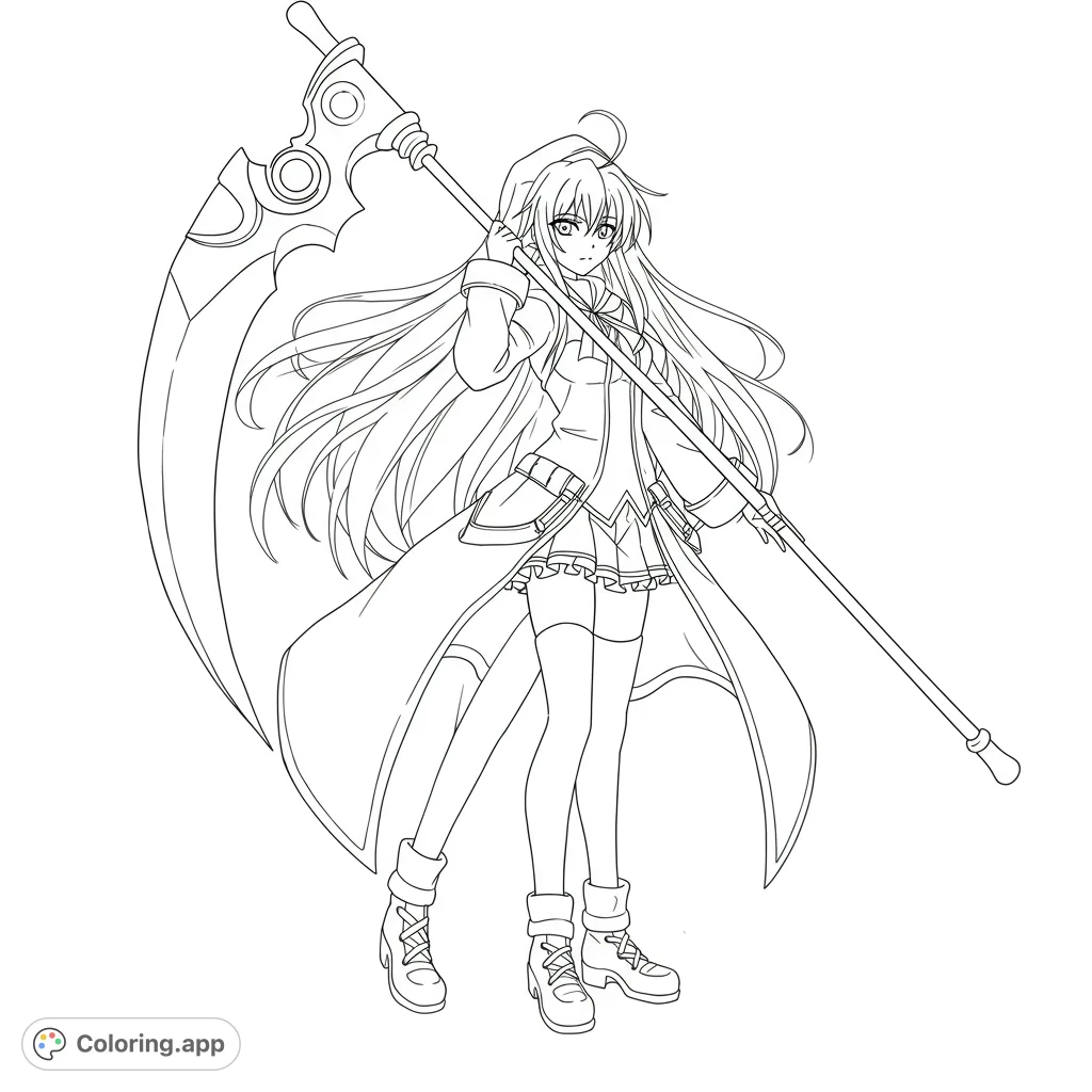 An anime girl with flowing hair and a detailed outfit holds a large scythe. A free printable anime girl coloring page for fans of fantasy characters.