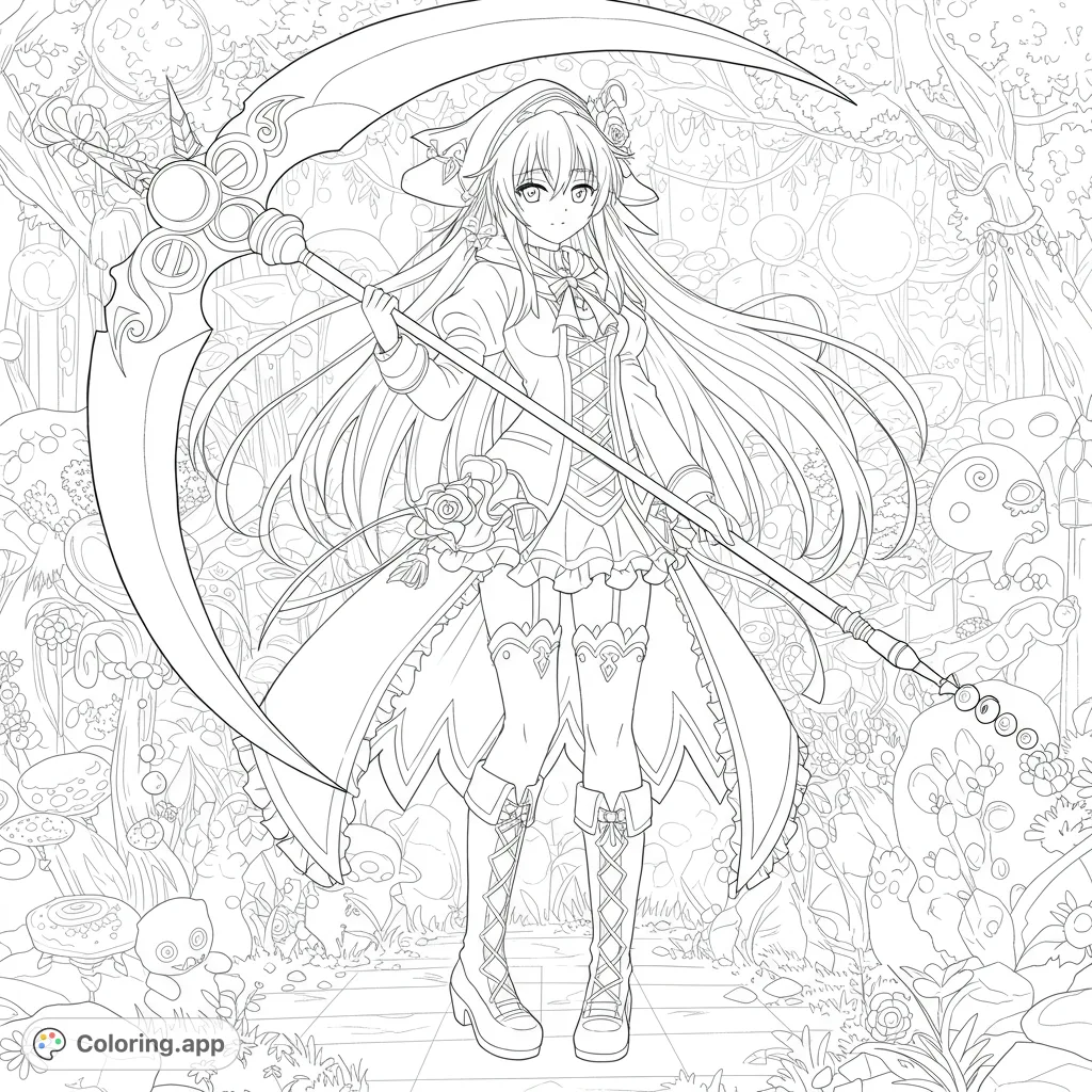 An anime girl with a grand scythe stands in a whimsical, detailed fantasy forest, perfect for intricate coloring.
