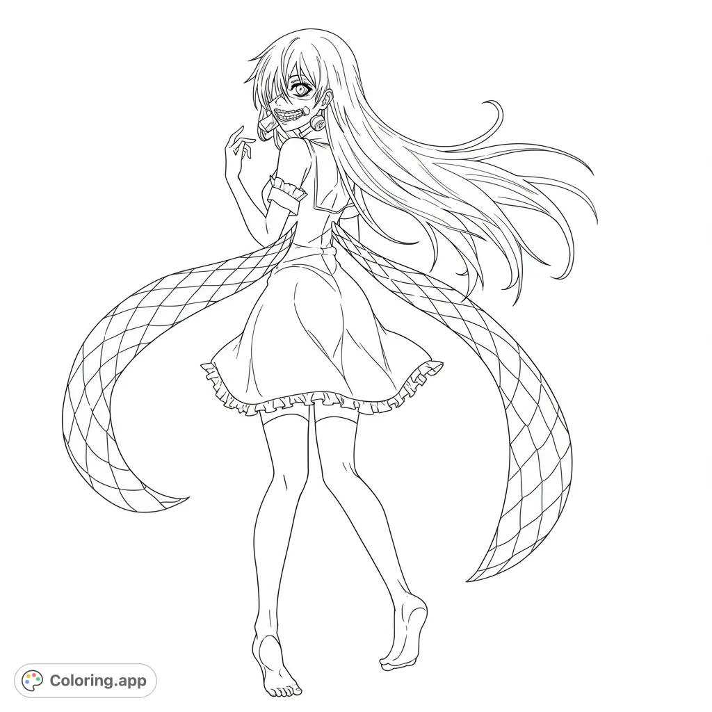 An anime girl with long flowing hair, an unsettling grin, and unique diamond-patterned ribbons, perfect for a free printable anime coloring page.