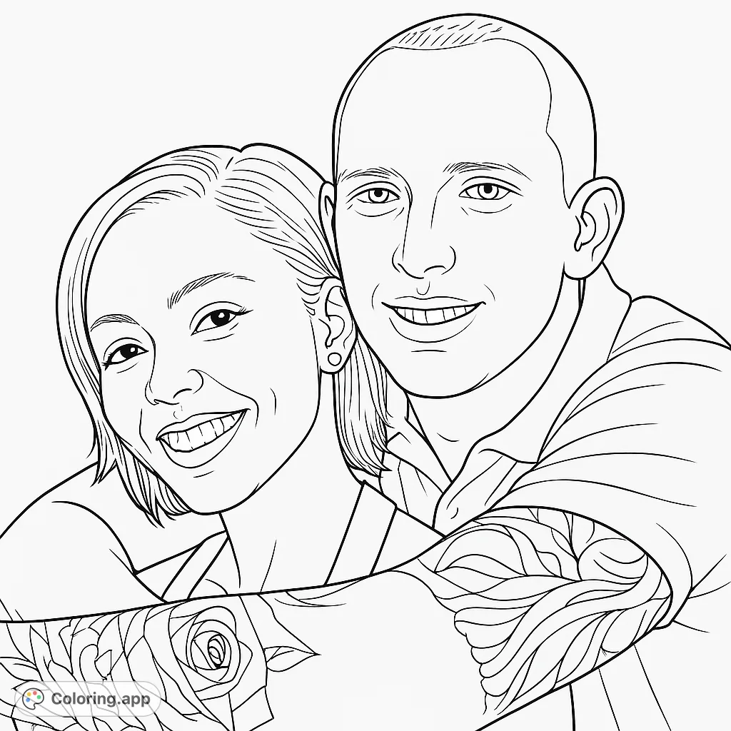 A heartwarming couple portrait coloring page featuring a smiling man and woman embracing, with intricate arm tattoos. Perfect for celebrating love.