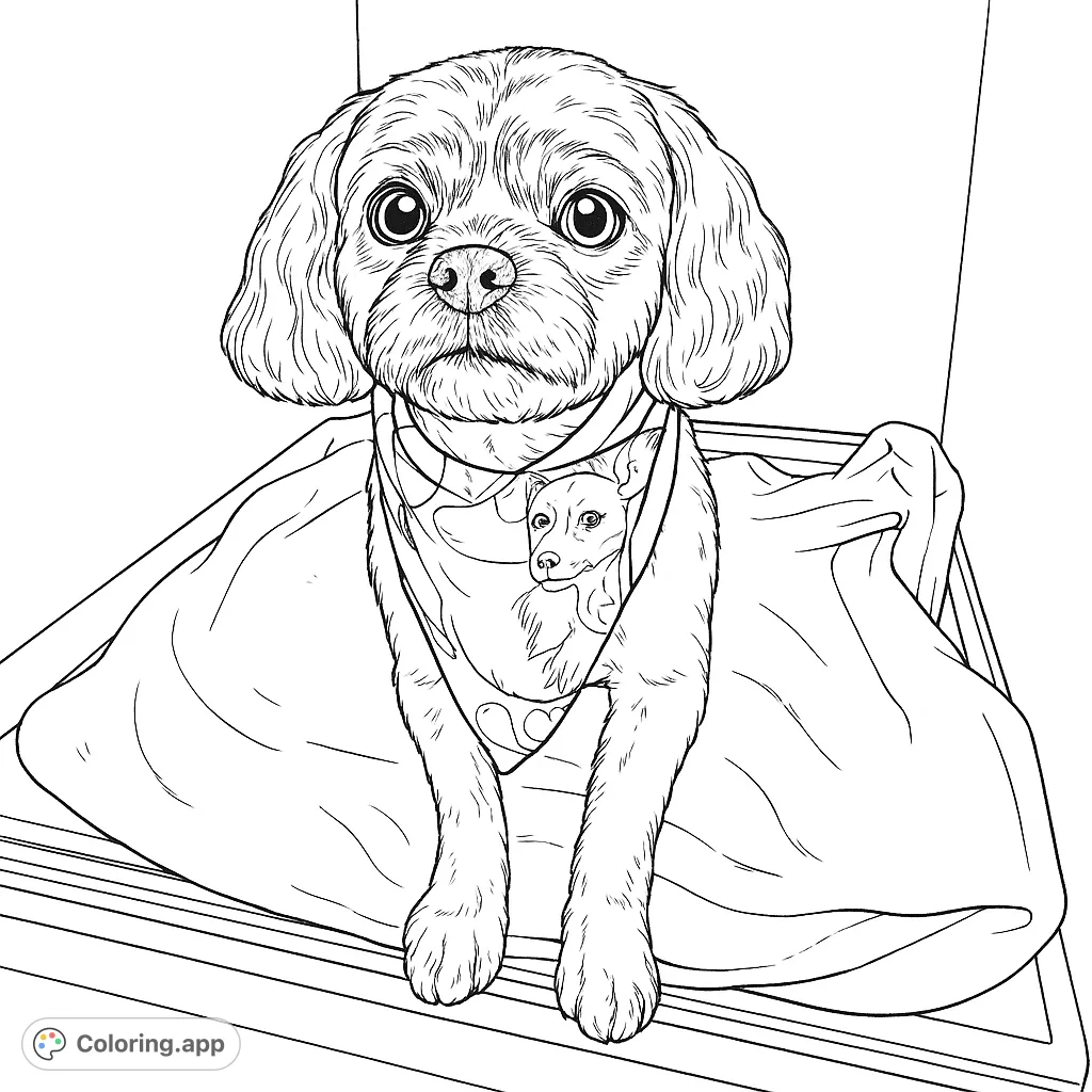 An adorable fluffy dog wearing a patterned bandana, sitting cozily in its bed. A charming free printable dog coloring page for all ages.