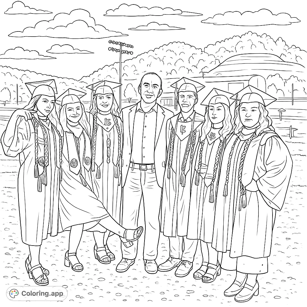 A joyful graduation day scene featuring six proud graduates in caps and gowns with a supportive adult, set against a campus backdrop. Perfect for celebrating achievements!