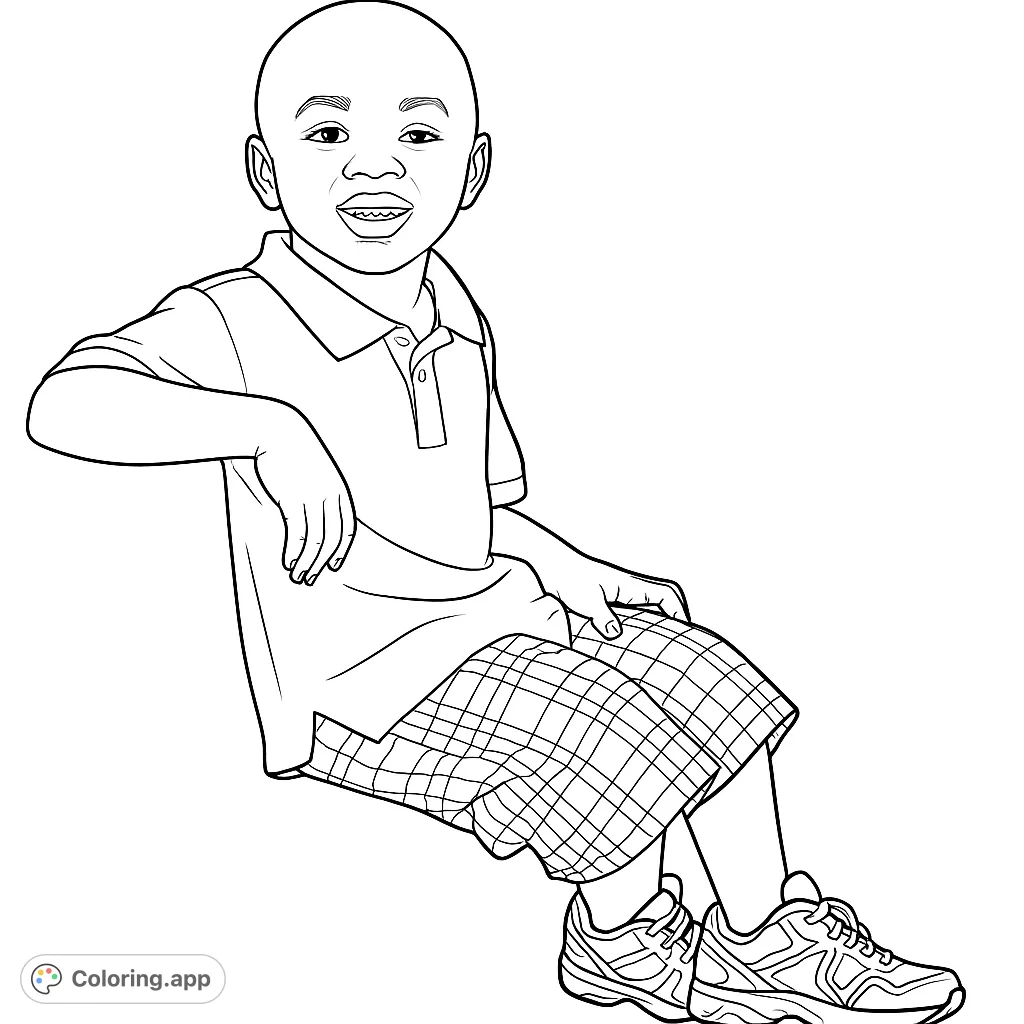 A cheerful young boy in a polo shirt and plaid shorts, sitting and smiling. A delightful free printable coloring page for kids and adults.