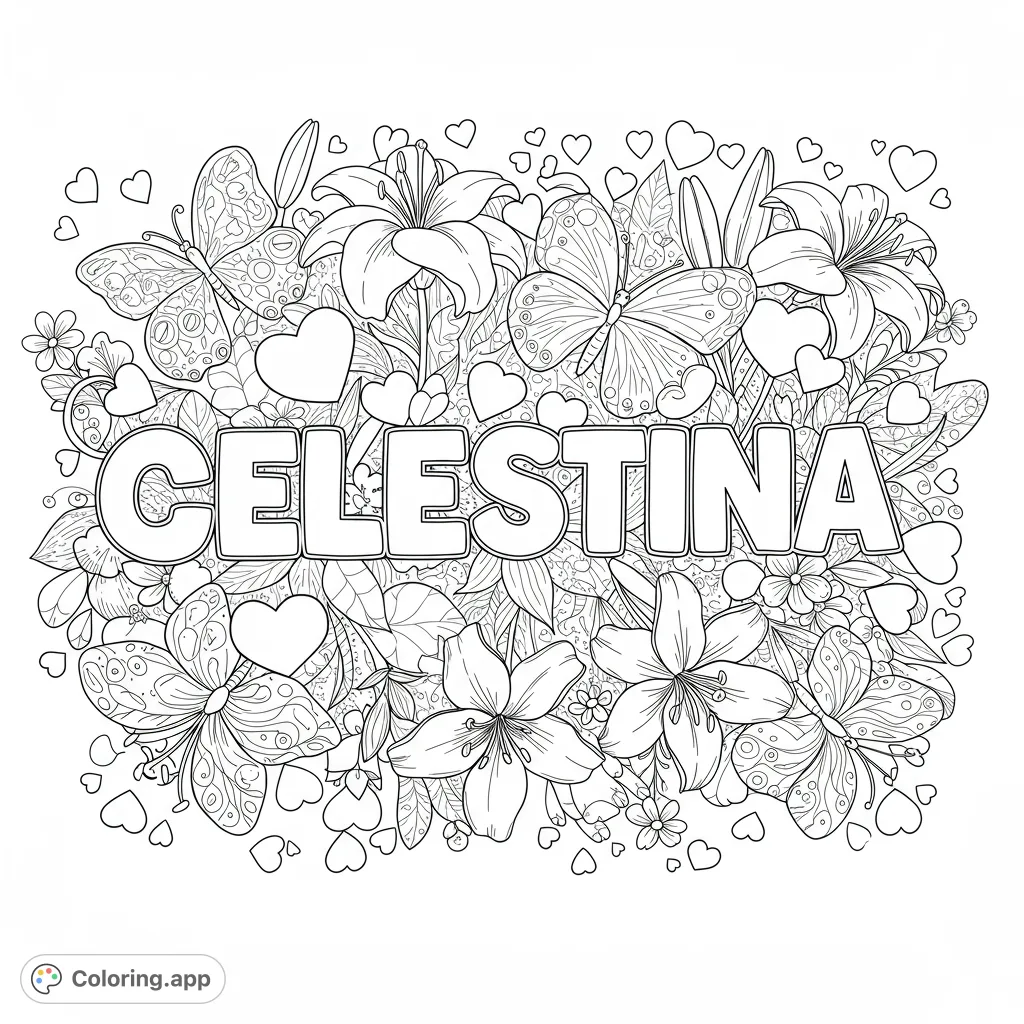 Personalize "Celestina" with this free printable coloring page featuring intricate butterflies, elegant lilies, and charming hearts. Perfect for all ages!