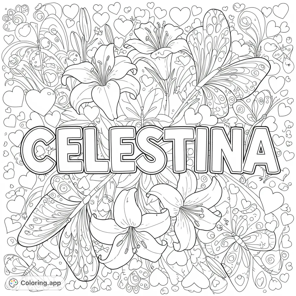 An intricate floral name coloring page featuring 'Celestina' surrounded by beautiful lilies, detailed butterflies, and a background of hearts and swirls.