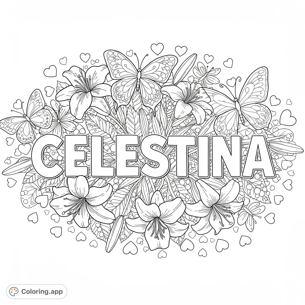 A beautiful Celestina floral coloring page featuring a name surrounded by intricate lilies, graceful butterflies, and scattered hearts. A free printable coloring page for all ages.