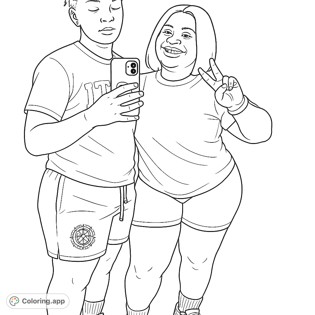 Two friends capture a joyful selfie, one holding the phone while the other flashes a peace sign. A fun, free printable coloring page for all ages.