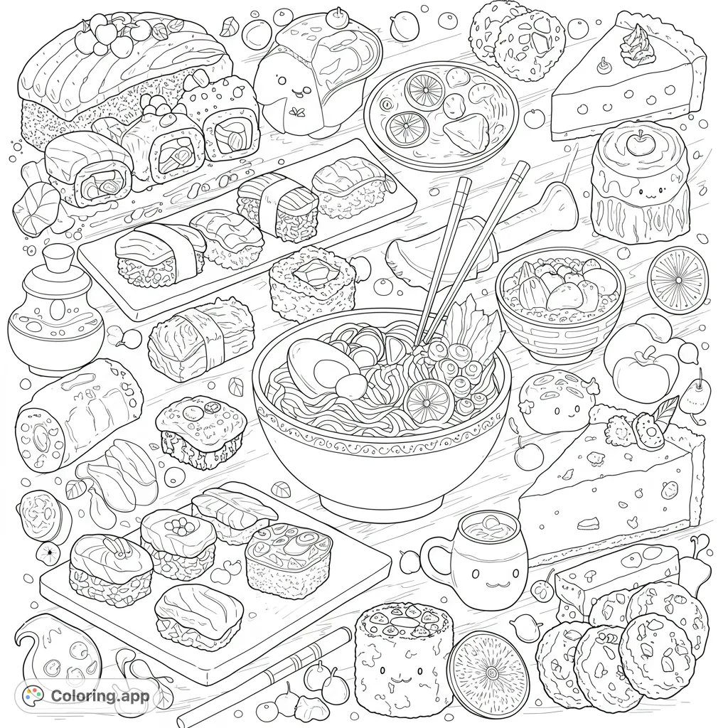 A delightful Japanese food feast coloring page featuring ramen, sushi, desserts, and more, perfect for foodies and creative minds. Free printable coloring page.
