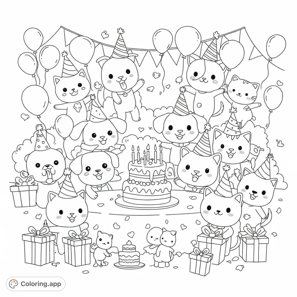 Join an adorable cast of cats and dogs celebrating a birthday with cake, gifts, and balloons! A fun, free printable animal birthday coloring page for kids.