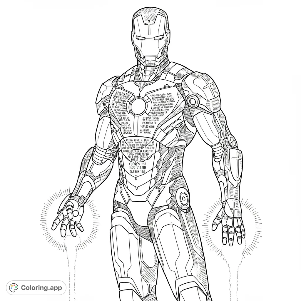 Iconic armored superhero in a powerful pose, with intricate suit details, arc reactor, and energy blasts. A free printable superhero coloring page.