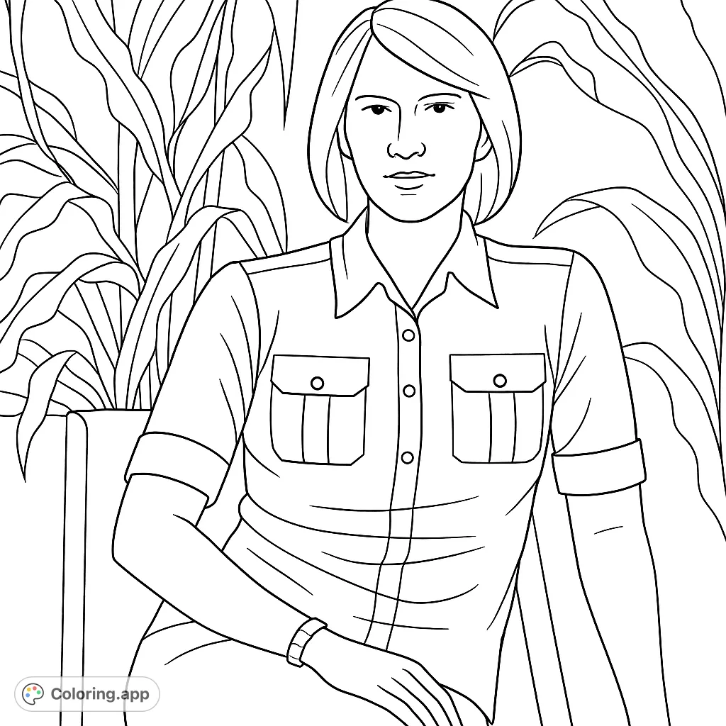 A stylish woman in a collared shirt sits amidst lush plants, offering a sophisticated and relaxing coloring page for all ages.