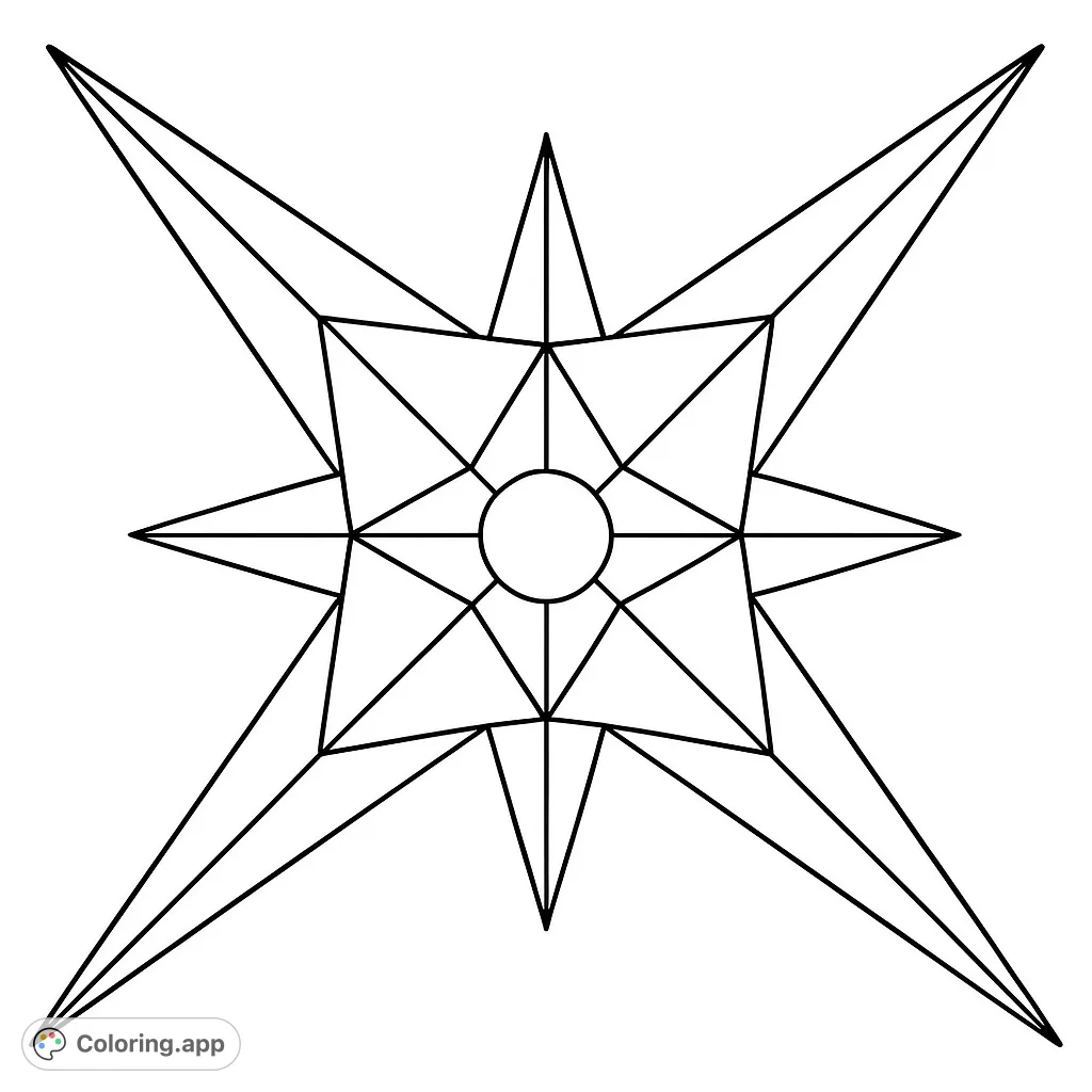 Intricate geometric star design with radiating points and a central circle, perfect for mindful coloring. A free printable geometric coloring page for all ages.
