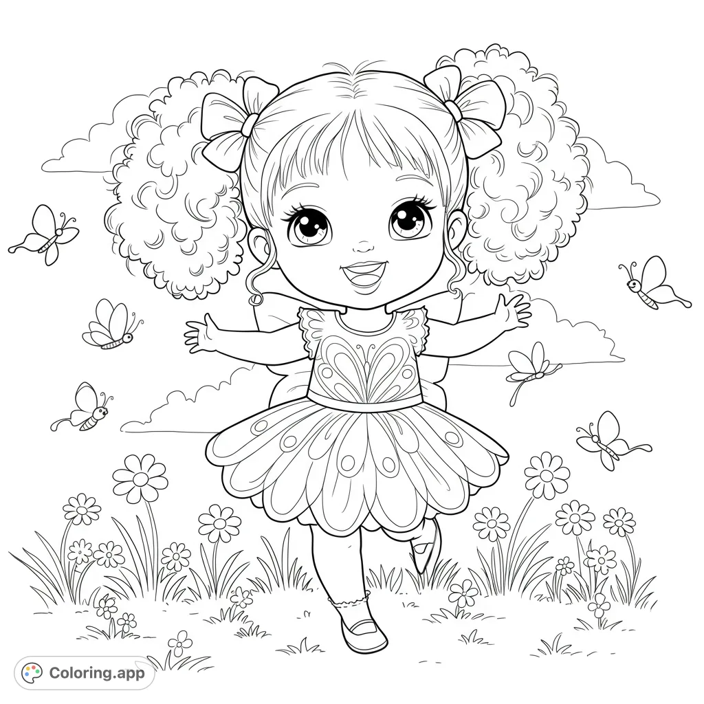 A delightful fairy girl with curly pigtails skips through a flower-filled meadow, surrounded by playful butterflies. A charming, free printable coloring page for kids.