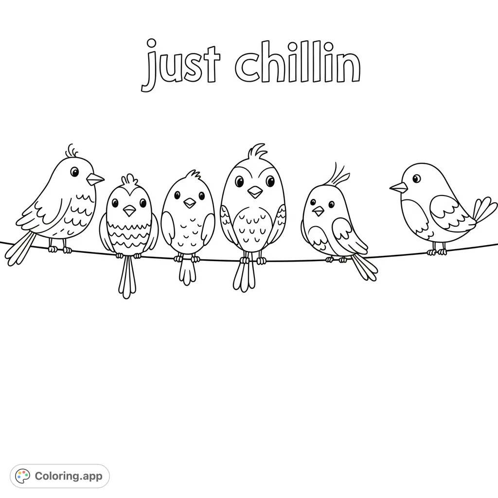 Adorable cartoon birds perch on a wire, each with unique details, ready for vibrant colors. A charming, free printable bird coloring page for all ages.