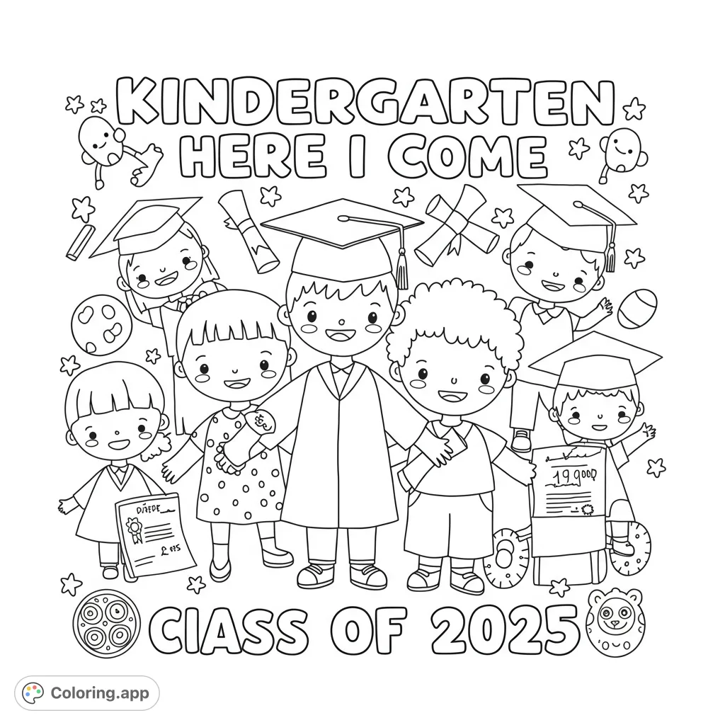 Celebrate achievement with this joyful kindergarten graduation coloring page featuring happy kids in caps and gowns, ready for their next adventure!