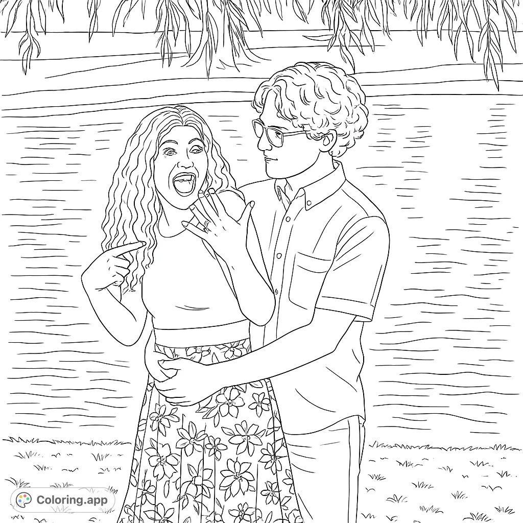 Celebrate love with this engagement coloring page! A couple embraces by a lake, the woman excitedly showing her new ring. Free printable for all ages.
