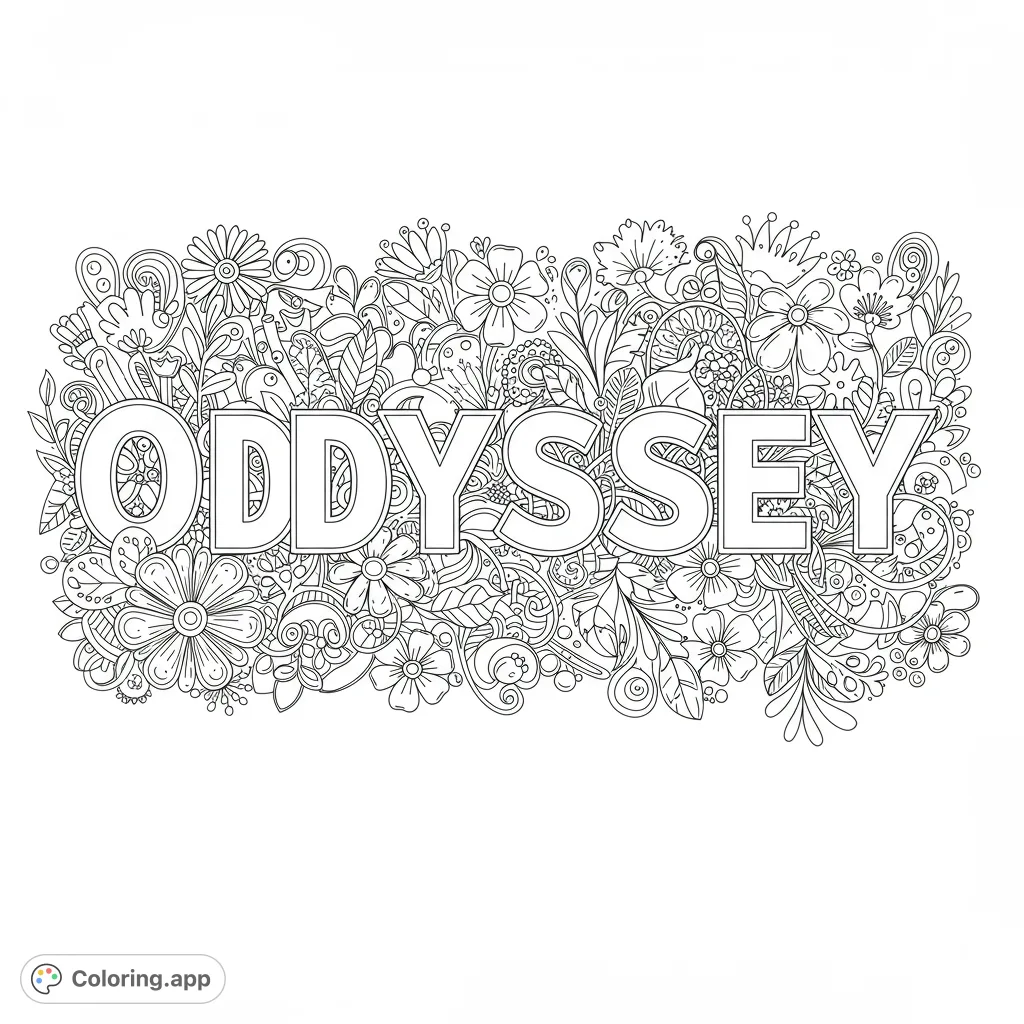 Intricate floral patterns surround the bold word 'ODYSSEY', offering a detailed and meditative free printable coloring page experience for adults and teens.