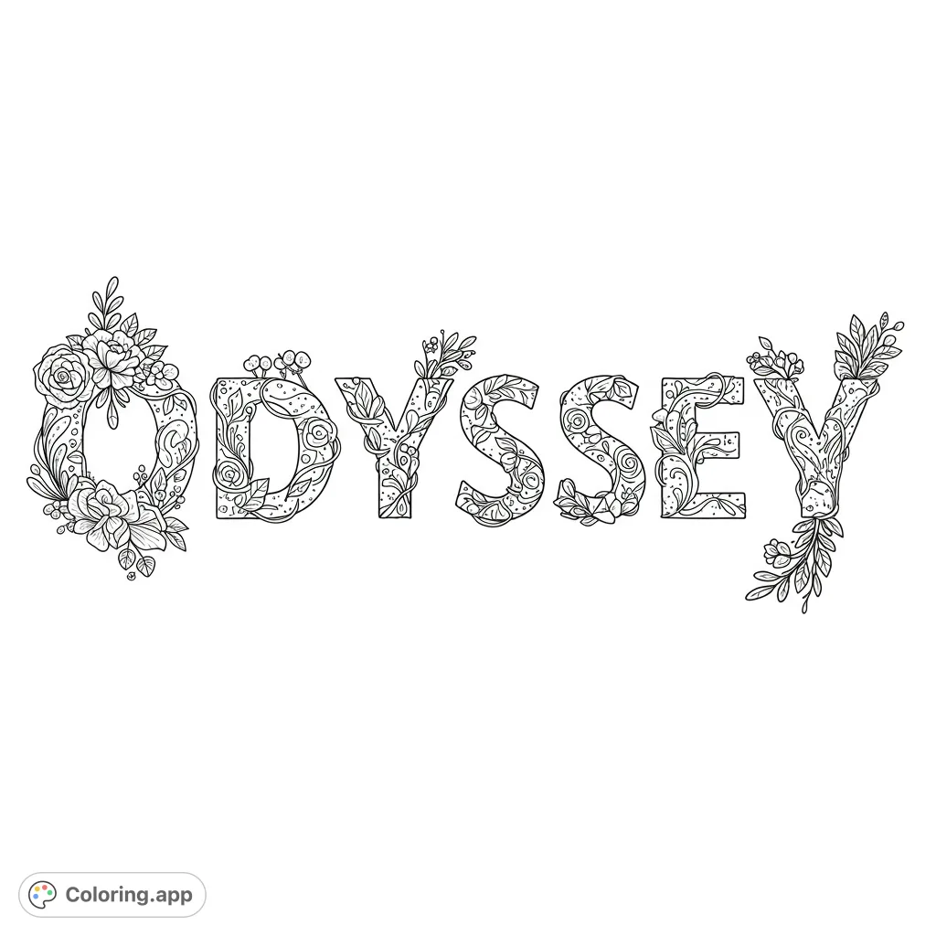 An intricate floral lettering odyssey coloring page, featuring the word 'ODYSSEY' adorned with detailed botanical patterns. Perfect for mindful coloring.