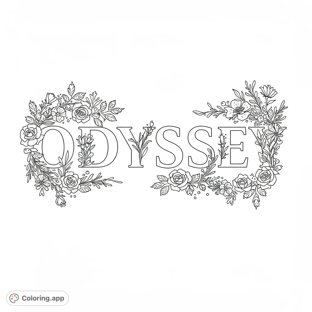 A beautiful floral typography coloring page featuring the word 'ODYSSEY' adorned with intricate roses, leaves, and blossoms. Perfect for mindful coloring.