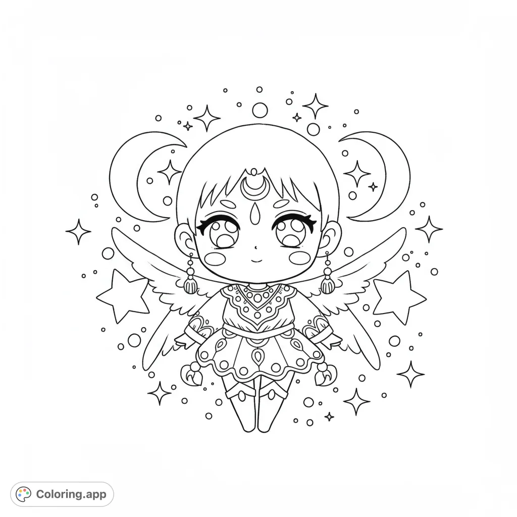 A charming chibi magical girl with celestial wings and ornate dress, surrounded by stars and moons. Perfect for a magical coloring adventure!