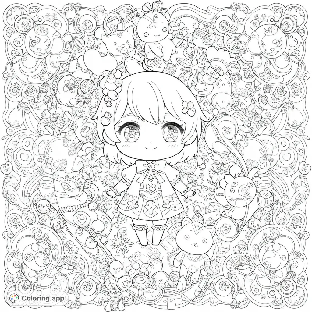 An adorable chibi character surrounded by a highly detailed, whimsical world of patterns, cute creatures, and intricate designs. Perfect for detailed coloring.