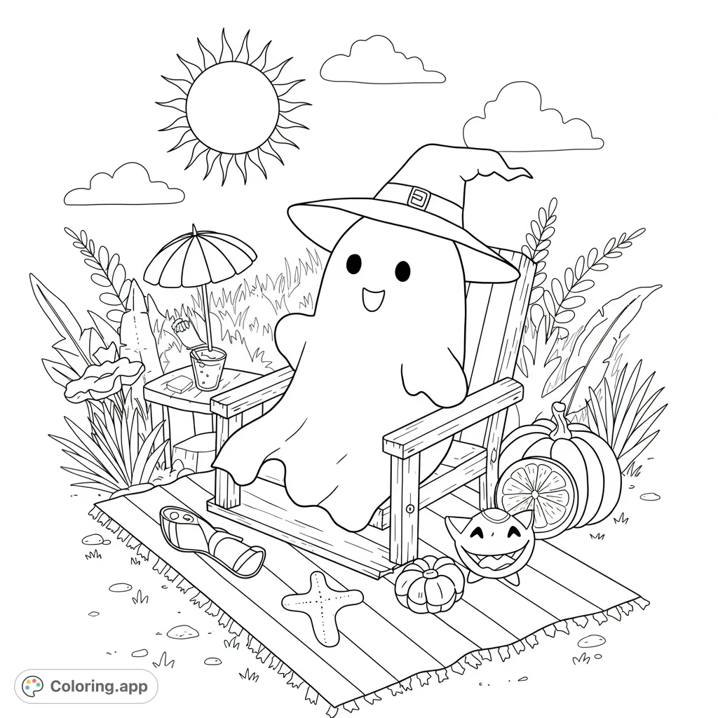 A charming ghost in a witch hat enjoys a sunny day on a picnic blanket with pumpkins and a friendly monster. A fun, free printable Halloween coloring page!