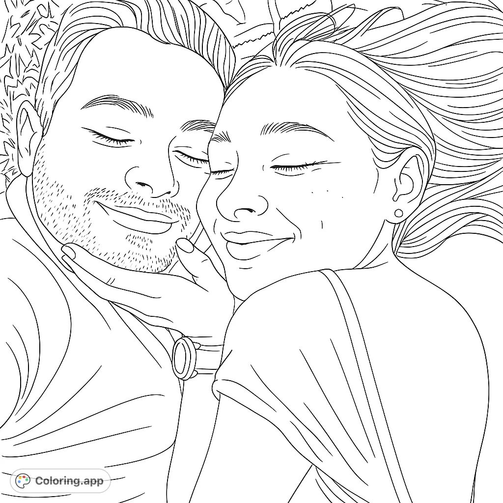 A heartwarming romantic couple coloring page, perfect for expressing love and connection. Features a man and woman smiling with closed eyes.