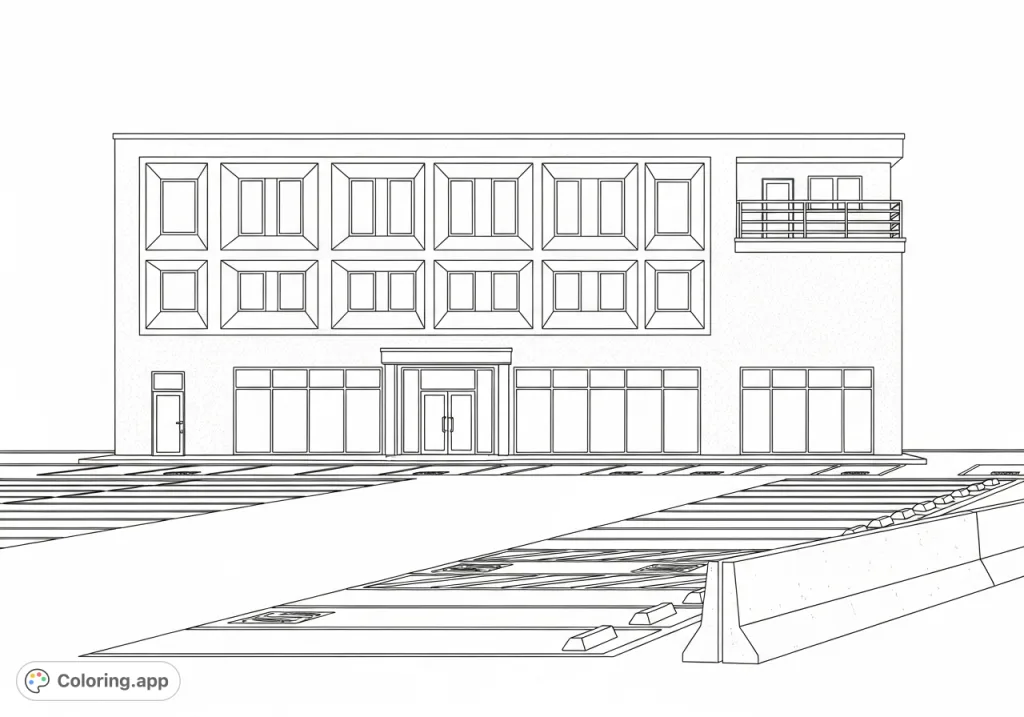 Explore a detailed modern architectural building, featuring geometric windows, a balcony, and a multi-space parking area. Perfect for design enthusiasts.