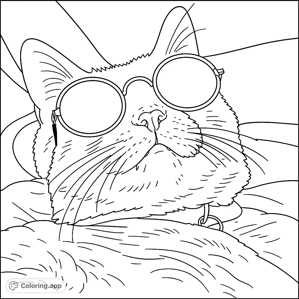 A stylish cat in round glasses, perfect for a fun and creative coloring experience. Features detailed fur and a charming expression.