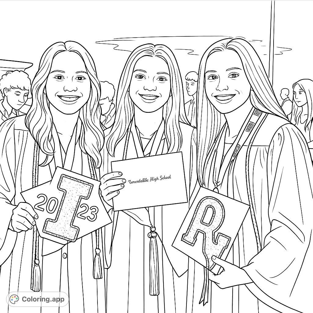 Celebrate achievement with this graduation coloring page featuring three joyful graduates. A free printable coloring page for all ages.