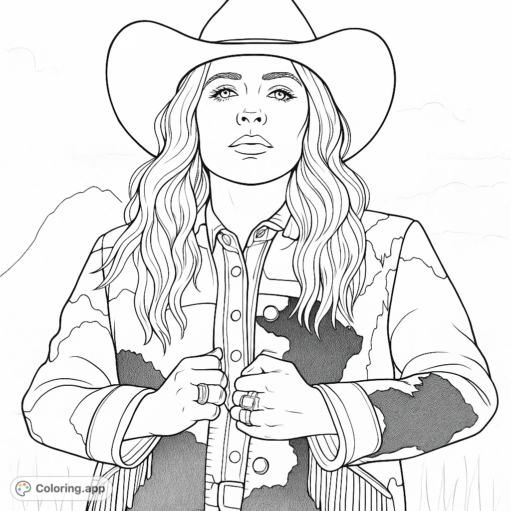 A stylish cowgirl in a classic hat and patterned jacket, ready for adventure. This free printable western cowgirl coloring page is perfect for all ages!
