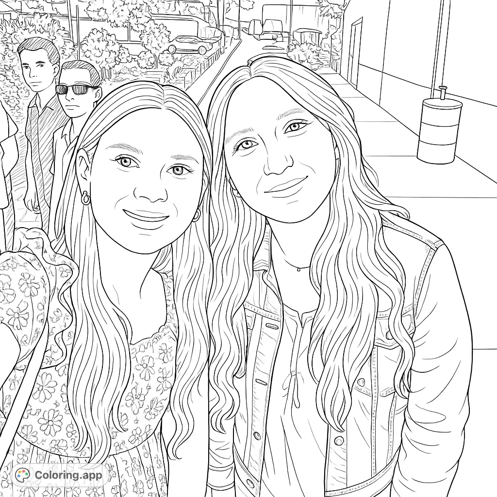 Two smiling friends capture a city selfie, featuring detailed outfits and an urban background. A free printable friendship coloring page for all ages.