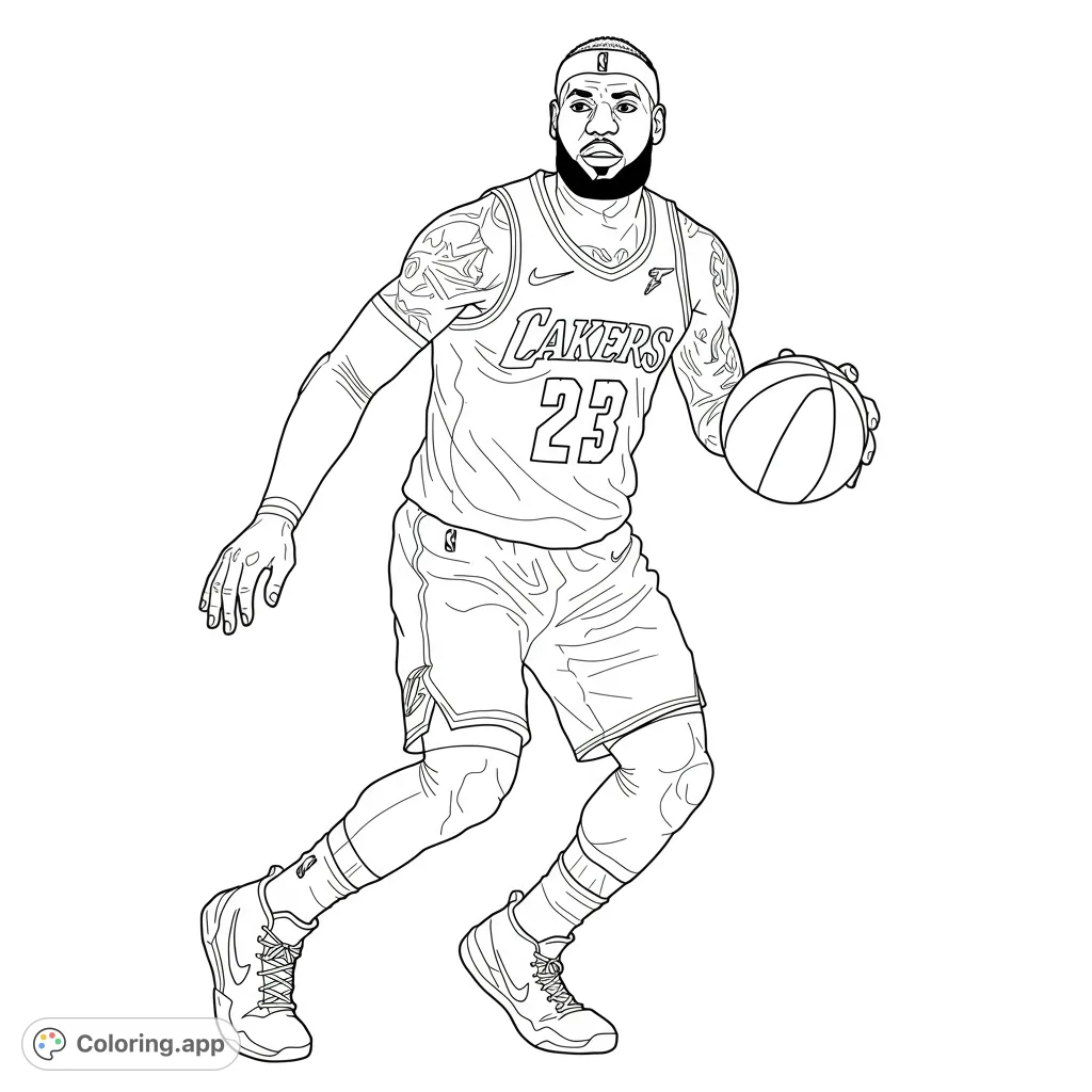Dynamic LeBron James basketball coloring page. Features the iconic player in action, dribbling with detailed jersey, tattoos, and shoes. A free printable sports coloring page.