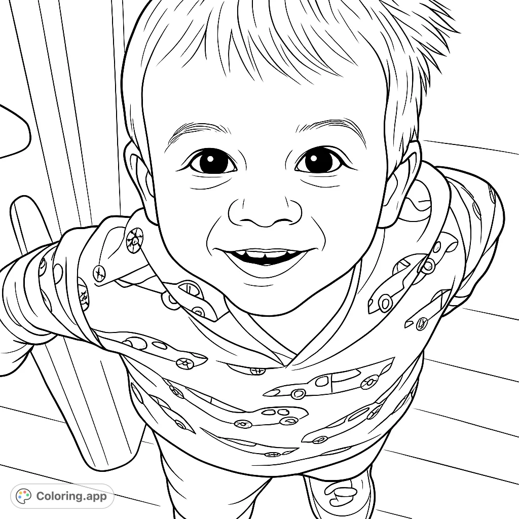 A delightful free printable coloring page featuring a happy toddler looking up, perfect for kids and adults to enjoy coloring.