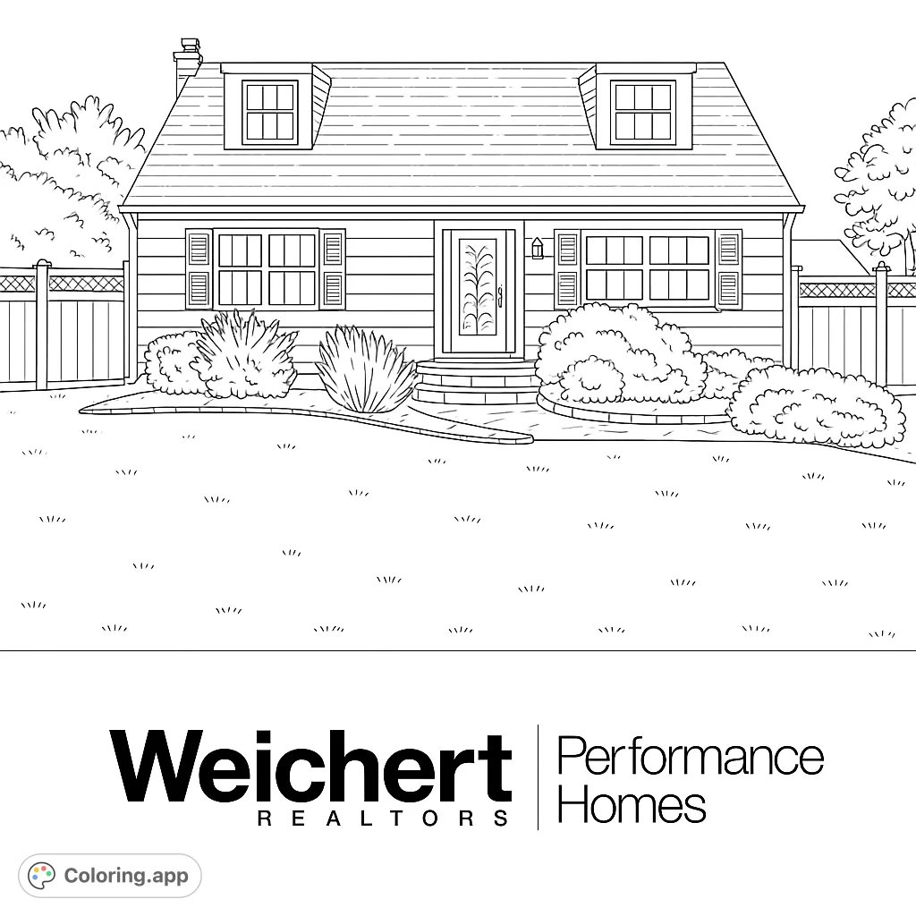 Charming suburban house coloring page with detailed architecture, lush bushes, and a welcoming garden path. Perfect for all ages.